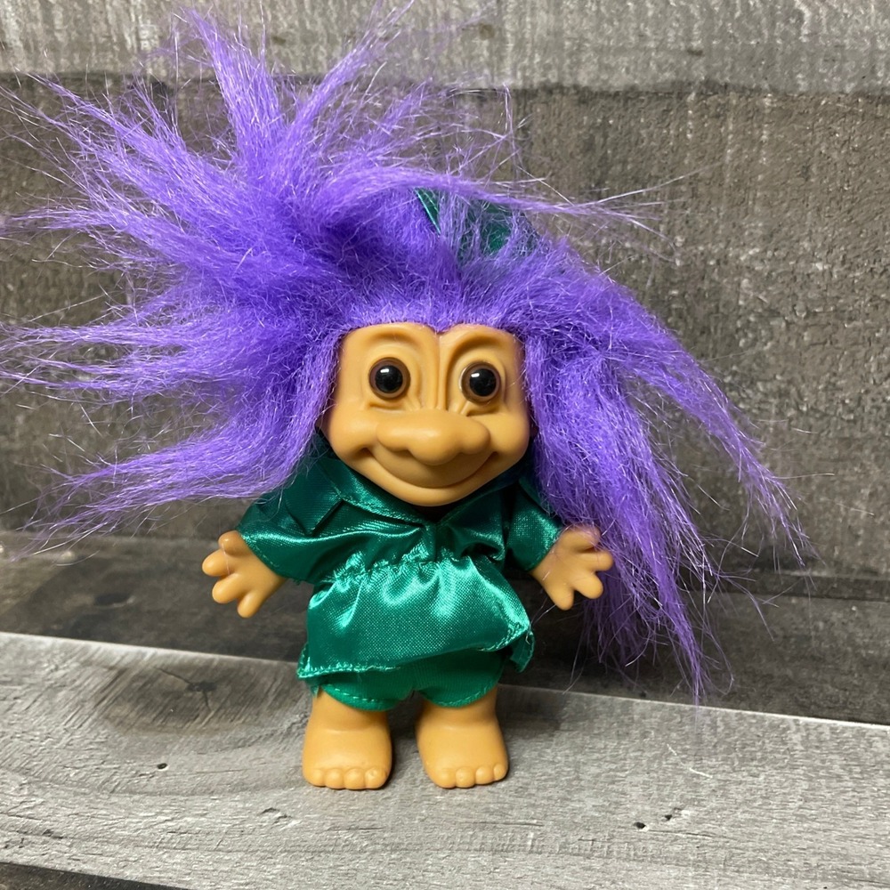 Vintage Troll Doll Peter Pan Purple Hair Green Outfit 1980s 1990s Collectible